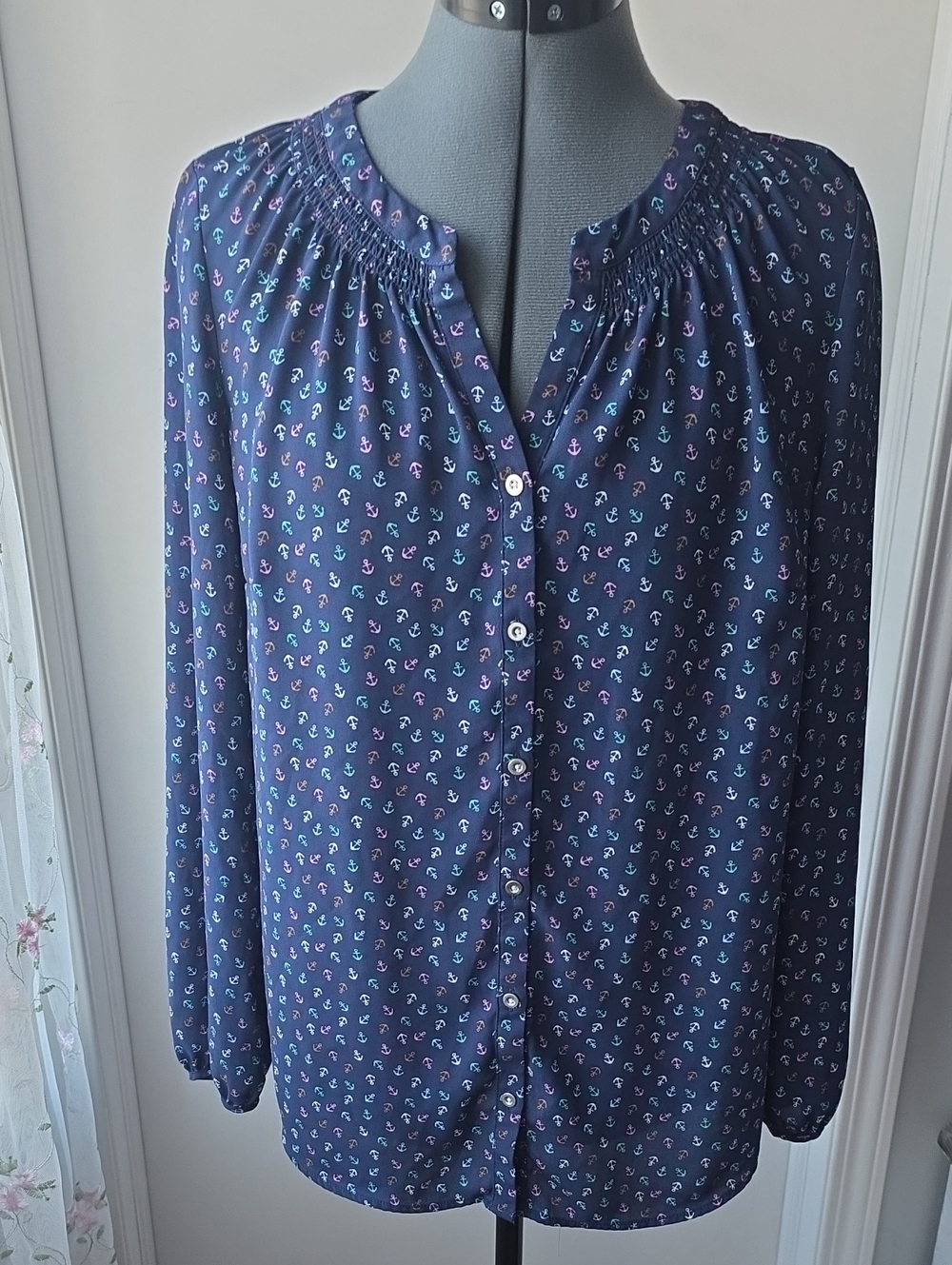 Talbots Navy Anchor-Print Button-Down Blouse